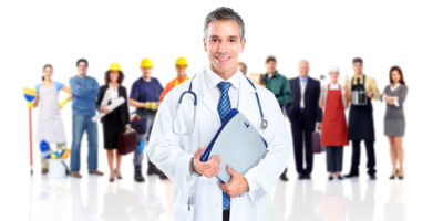 Doctor and a group of workers people. Isolated on white background.