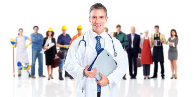 Doctor and a group of workers people. Doctor and a group of workers people. Isolated on white background.